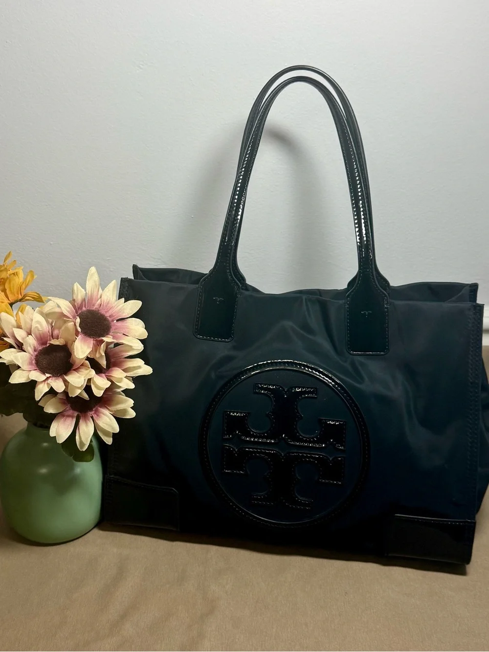 Tory Burch Ella Tote  made with Black Nylon and Patent-Trim Logo EUC - Picture 2 of 7
